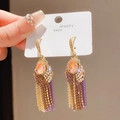 Detailed close-up of vintage long tassel earrings with pink drop stones and S925 silver pins - Gold Purple Waterdrop Tassel Style (31#)