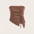 Brown waffle knit tube top with adjustable drawstring ruched side and asymmetrical hem - S / Brown