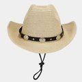 Detail of woven straw cowboy hat featuring metallic studs on black faux leather band - Beige