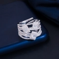 Sparkling silver cross-layer wide ring featuring three large rectangular AAA zircons - White Gold