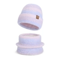 Winter knitted beanie and scarf set in pink and purple stripes with soft mohair texture - Two-Piece Set / Purple
