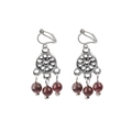 Vintage silver hollow disc ear clips with reddish-brown beads in a bohemian ethnic style - Ear Clip Three Beads (E2382)
