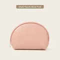 Rose pink shell-shaped cosmetic bag with woven PU leather texture and silver zipper - Shell Bag / Rose Pink
