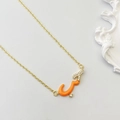 Arabic love statement necklace in golden finish with orange enamel and white crystals - Orange