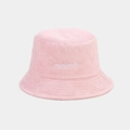 Detail of pink towel fabric bucket hat featuring white mama embroidery and stitched brim - M (56-58cm) / Pink