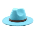 Detail of cyan wool fedora hat with embossed brown faux leather band and metal badge - M (56-58cm) / Lake Blue