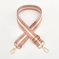 Close-up of pink and white striped nylon bag strap with gold glitter and metal hooks - Gold Buckle / Lotus root pink