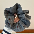 Oversized dark grey knit scrunchie with cute red cherry pattern for winter hair styling - Grey Cherry Knit Scrunchie