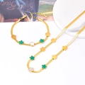 Parure collier et bracelet dorés avec trèfles en malachite verte et nacre blanche - Ensemble Collier + Bracelet Trèfle