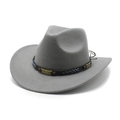 Detailed view of grey wool felt cowboy hat with embroidered brown leather decorative band - M (56-58cm) / Gray