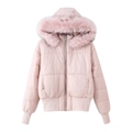 Detailed view of women's pink padded coat with fluffy faux fur hood and glossy finish - S / Pink