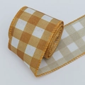 Nastro in lino vichy zenzero e bianco con bordo animato per pacchetti di Natale - 5,5 cm / Marrone