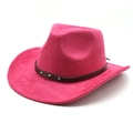 Macro detail of rose pink suede western hat with turquoise studded leather band - Rose Red