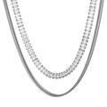 Double-layered silver snake chain necklace featuring a square crystal zircon pendant - Double Layer Snake Chain Rectangle Zircon Necklace / Silver (KN229240-Z)