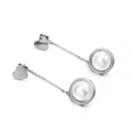 Silver steel heart earrings with chain and white pearl drop on white background - Heart Silver Steel (KE85776-KFC)