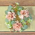 Pink dahlia candle ring wreath with green leaves and white buds for table decor - Pink