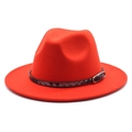 Close-up of red wool fedora hat featuring a vintage brown woven leather belt buckle strap - M (56-58cm) / Orange Red