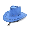 Detail of blue faux suede cowboy hat featuring black cross-stitch edges and chin strap - Sapphire Blue