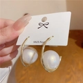Detail of large white faux pearls on gold circle earrings with S925 silver posts - Large Artificial Pearl Hoop (E2044 Gold) / 925 Silver Needle / Gold