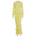 Detailed view of yellow ribbed knit dress featuring elegant ruffled layers and long ribbons - S / Yellow