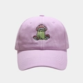 Detailed close-up of cute green frog and mushroom embroidery on lavender baseball cap - Adjustable / Light Purple