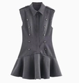 Detail of dark grey sleeveless dress showing shoulder epaulettes and double-breasted buttons - XS / Gray