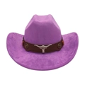 Elegant purple suede cowboy hat featuring brown leather band and silver bull head emblem - Purple