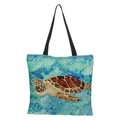 Detailed macro view of 3D sea turtle watercolor print on linen canvas tote shopping bag - haigui-18 Impressionist Turtle