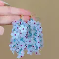 Light blue floral earrings with beaded tassels and gold studs for elegant resort style - Silver Earring Post (96#) / Blue