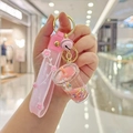 Pink unicorn liquid sand keychain with bubble tea cup and happy moments strap - Pink-Unicorn Milk Tea Cup