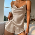 Champagne gold satin camisole and shorts sleepwear set with a matching hair scrunchie - S / Khaki With Hair Tie