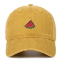 Detail of vintage washed cotton baseball cap with 3D embroidered watermelon on front - One Size / Yellow