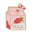 Pink and white strawberry milk carton enamel pin with gold plating and Milk text - Pink Strawberry Style (C1879-6)