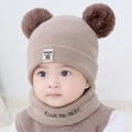 Detail of baby winter knit hat with double pompoms and love me more neck warmer set - One Size / Moonlight Style / Khaki