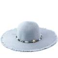 Light blue wide brim straw sun hat with fringe edge and seashell beaded band for summer - M(56-58cm) / Sky Blue