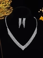 Silver bridal jewelry set with V-shaped crystal necklace and tassel earrings on display - DTN14027358S-Silver V-Shape Multi-row Tassel
