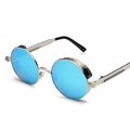 Retro steampunk sunglasses with silver metal frame and blue reflective lenses - Silver Frame Blue Reflective C9