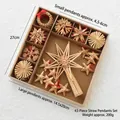 Set of 43 eco-friendly wheat straw Christmas ornaments with red accents in a wooden tray - Octagram Style Boxed / 43-Piece Set / 200g