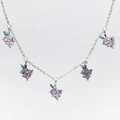 Silver necklace with five purple zircon grape clusters and green leaf accents - Silver Grape Necklace