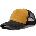 Distressed mustard yellow and dark grey mesh trucker hat with breathable black back - Adjustable / Earthy Yellow
