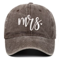 Close-up of vintage washed cotton baseball cap with white Mrs. heart embroidery detail - Coffee Mrs.