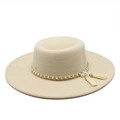 Elegant beige wide brim flat top wool felt hat with gold pearl chain and tassels - M(56-58cm) / Beige