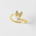 Verstelbare 18k vergulde ring met micro-pave zirkoon letter W en een enkele kleine diamant - Letter W