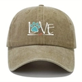 Khaki washed cotton baseball cap with LOVE and paw print embroidery for outdoor wear - Khaki