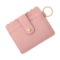 Pink lychee texture leather card holder with wavy edges and gold keychain ring - C3 Light Pink