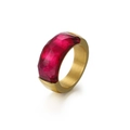 Minimalist wide gold titanium ring featuring a faceted magenta gemstone inlay - US 7