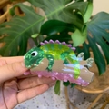 Detail of chameleon hair claw clip made of green acetate held against lush green leaves - Lizard