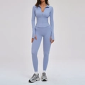 Ensemble de yoga brossé bleu clair 3 pièces avec veste zippée et legging ajusté - S / Veste + Leggings - Bleu Gris