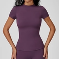 Women's slim fit quick-dry yoga T-shirt in deep purple with round neck and short sleeves - Dark Purple