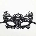 Intricate black lace masquerade mask featuring a crown design and satin ribbons - Crown